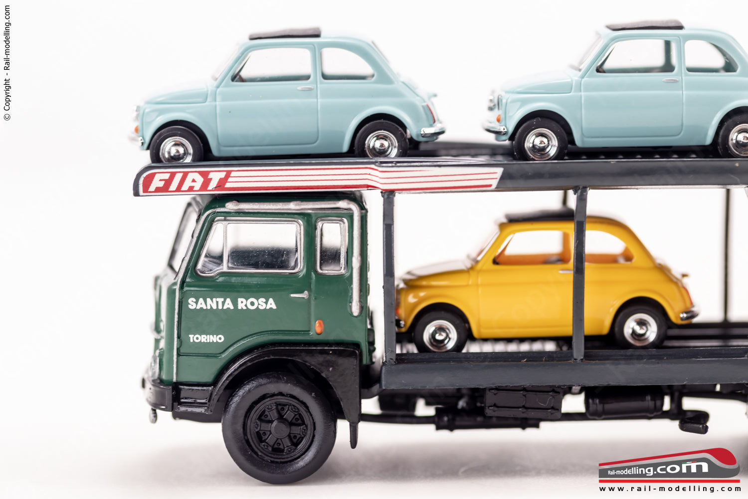 BREKINA 58482 - H0 1:87 - Camion bisarca Fiat 642 verde "Santa Rosa" + 6 vetture Fiat 500