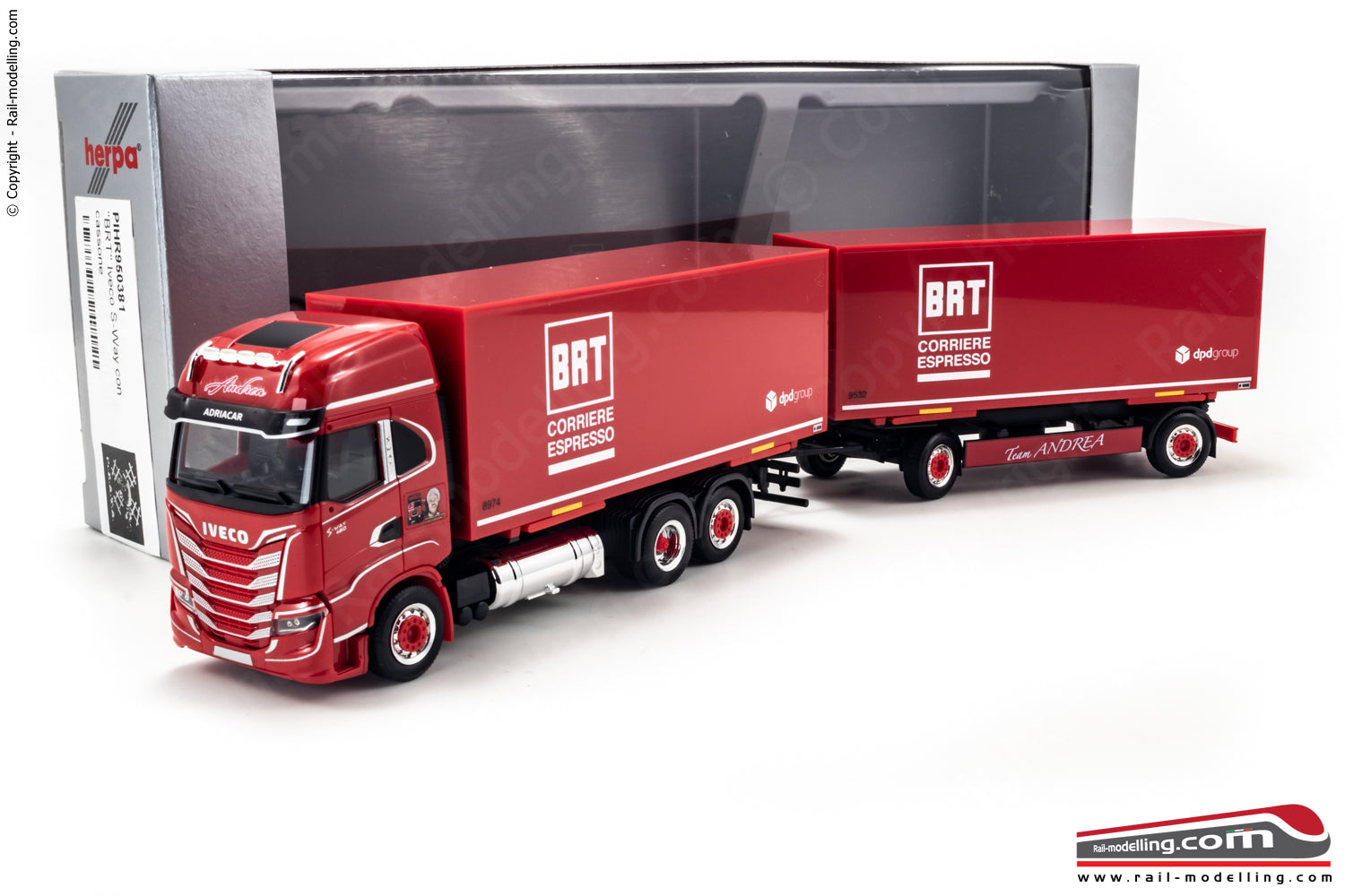 HERPA 950381 - H0 1:87 - Camion Iveco S-Way cassone + rimorchio rosso BRT