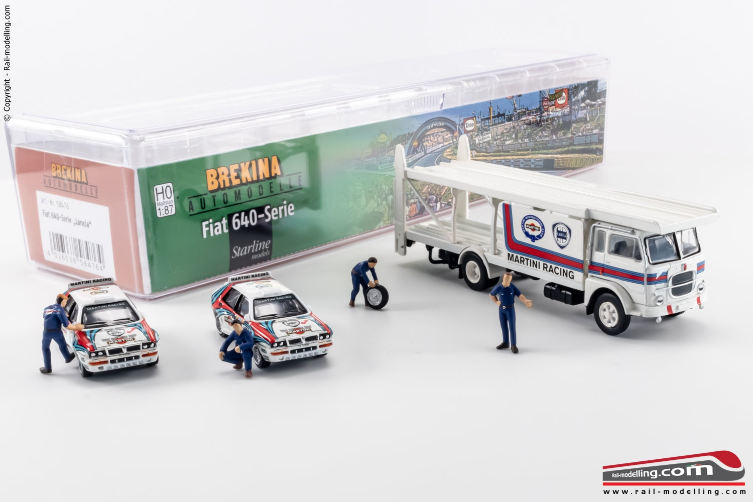 BREKINA 58476 - H0 187 - Camion Fiat 642 Bisarca LANCIA MARTINI con vetture da rally e personaggi