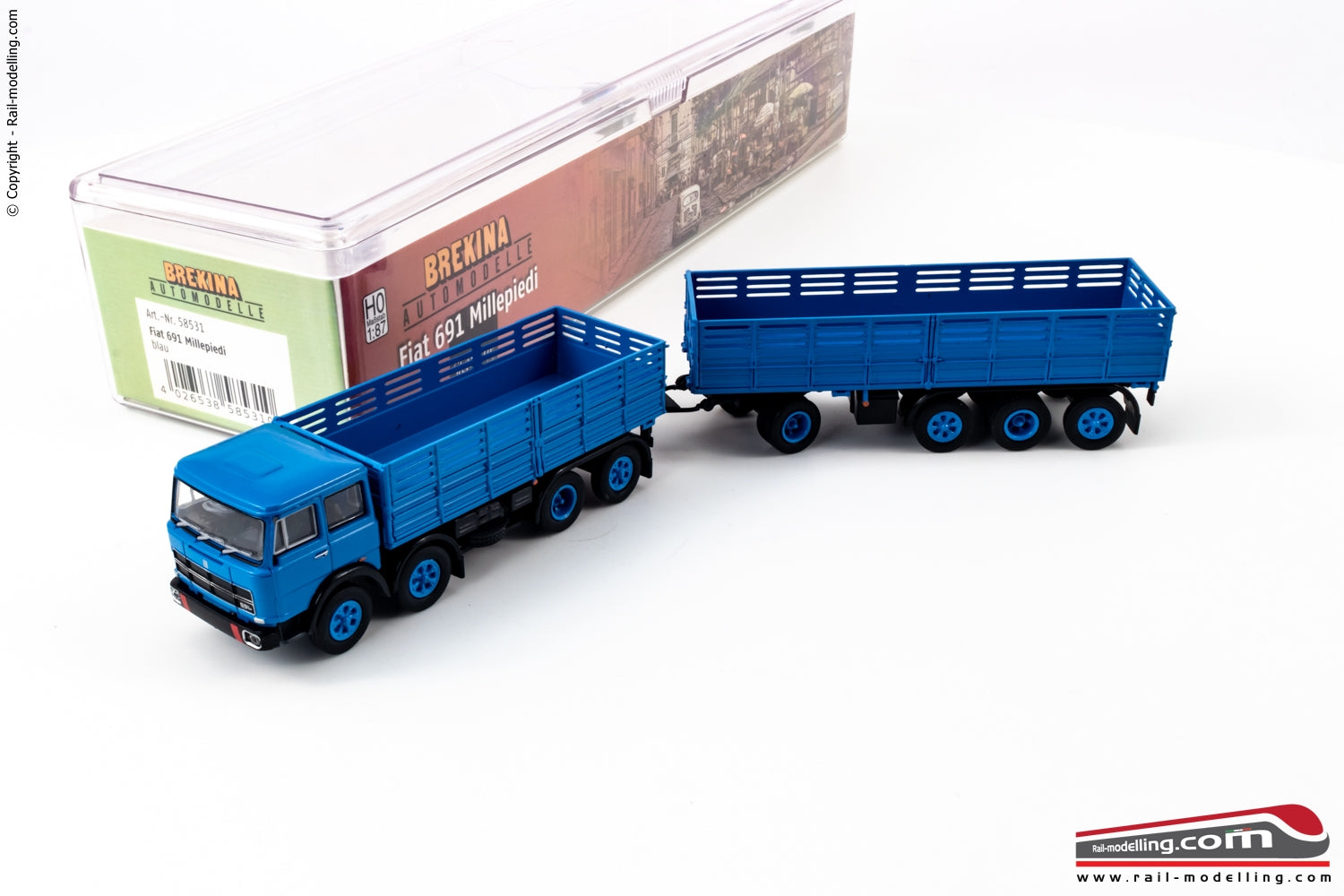 BREKINA 58531 - H0 187 - Camion con rimorchio Fiat 691 Millepiedi a cassone blu