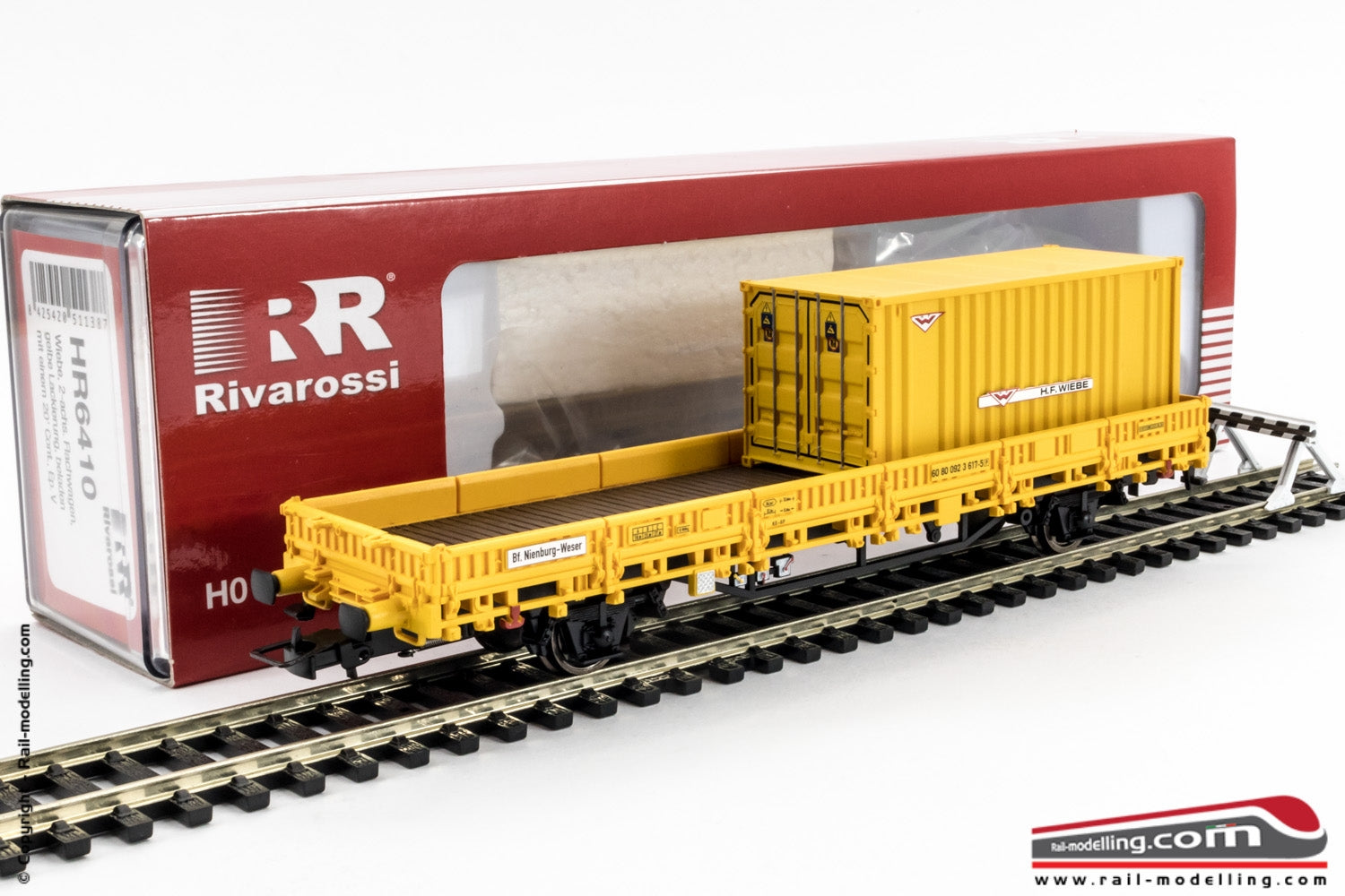 RIVAROSSI HR6410 - H0 1:87 - Carro pianale a due assi per cantieri e manutenzione 'H.F. Wiebe' con container