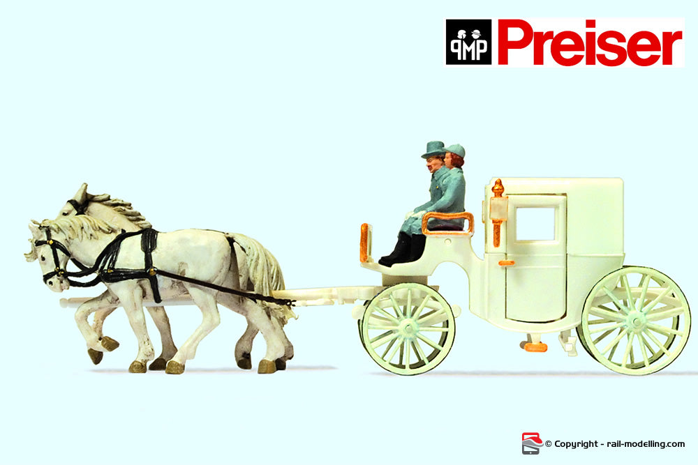 PREISER 30495 - H0 1:87 - Figurini carrozza chiusa  bianca con cavalli e cocchieri