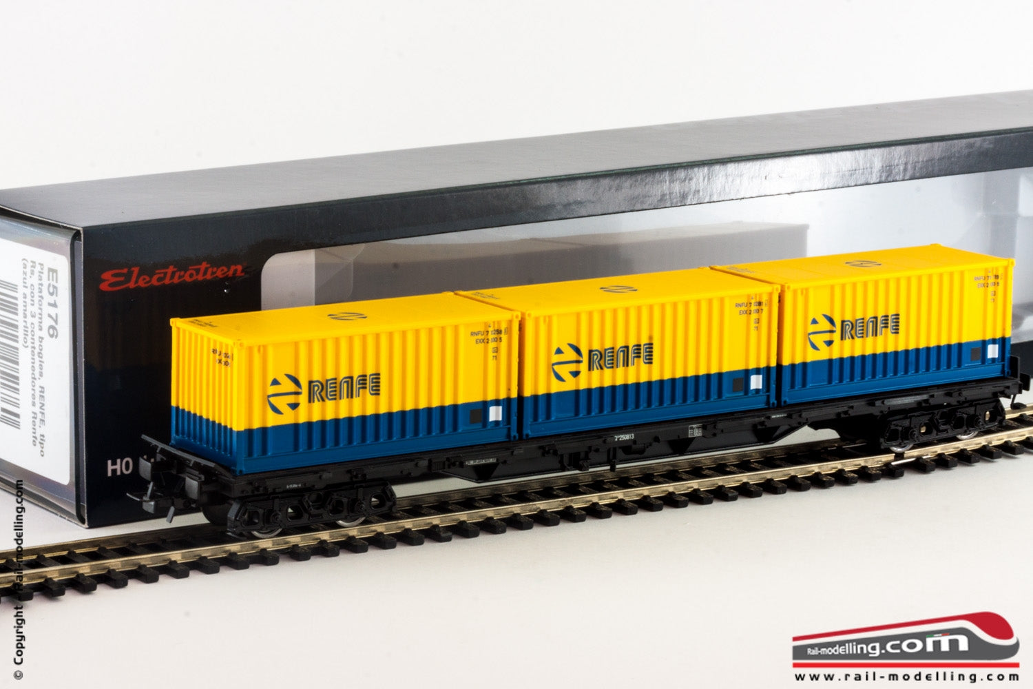 ELECTROTREN E5176 - H0 1:87 - Carro merci a pianale RENFE modello Rs con 3 container giallo blu