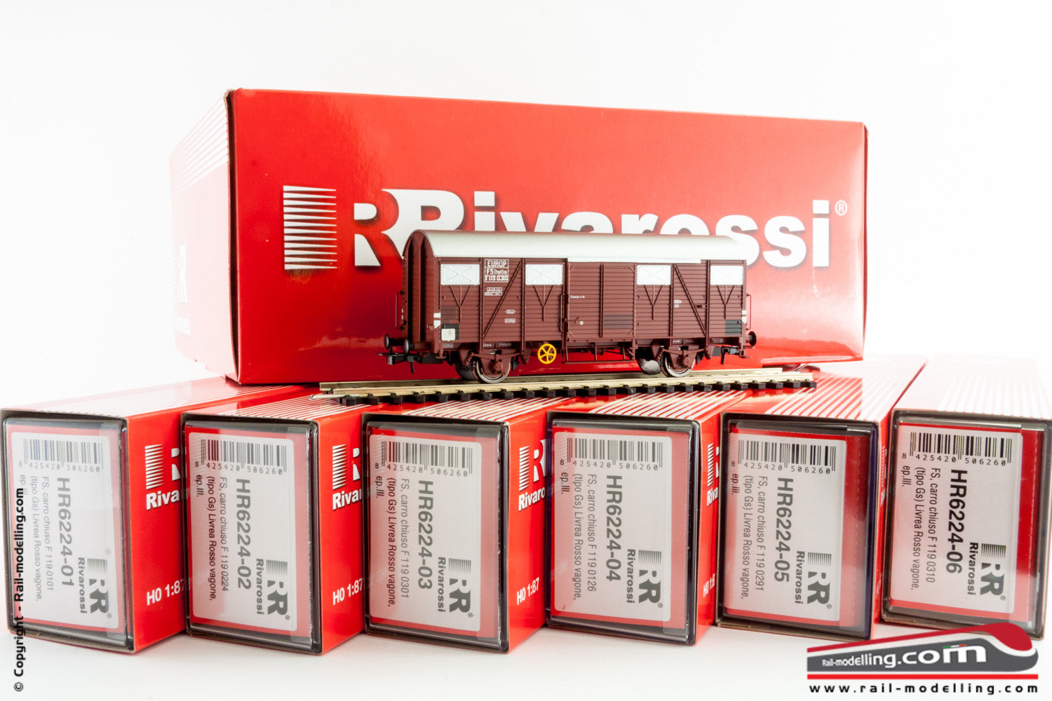 RIVAROSSI HR6224 - H0 1:87 - Set 6 carri merce chiusi FS modello Gs Rosso Vagone diff. num.
